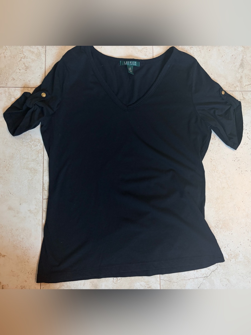 Ralph Lauren Black V-Neck Short Sleeve Top with Button Detail